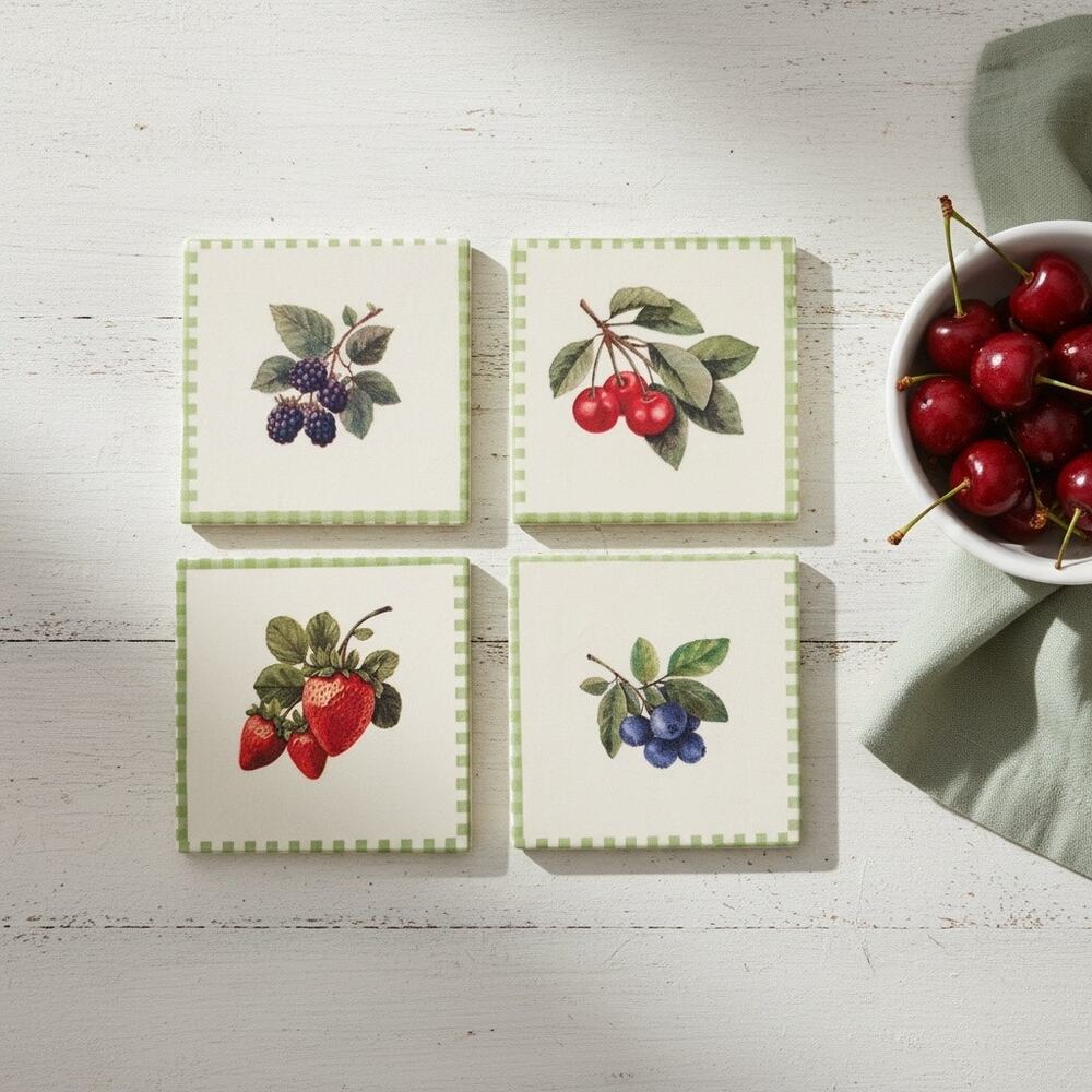 Ceramic Tile Coasters Set of 4  | Garden Fruit Cottagecore Kitchen Decor Gift